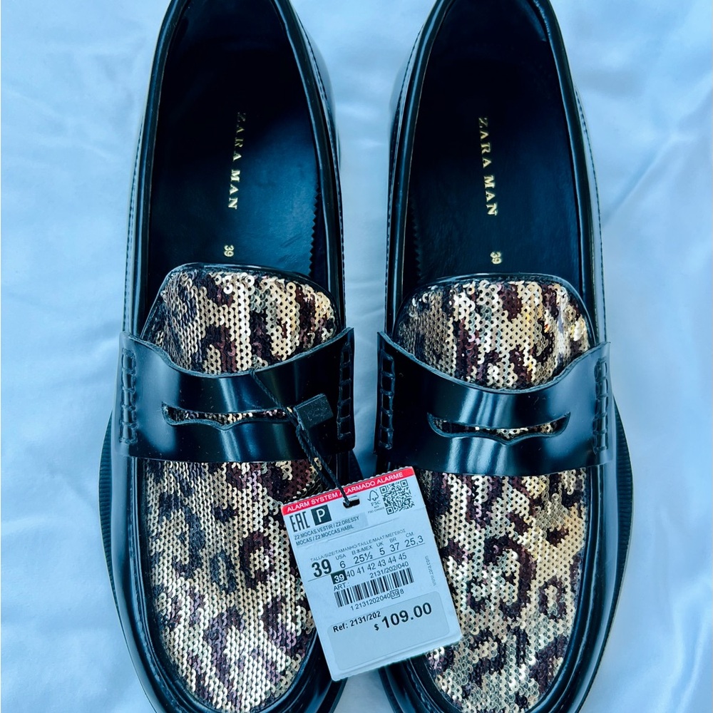Zara black and leopard sequin patterned loafers